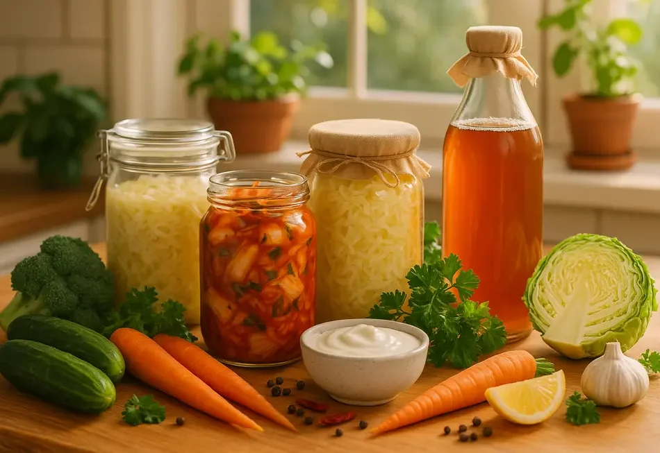 Verschiedene fermentierte Lebensmittel wie Kimchi, Sauerkraut und Kefir auf einem Tisch.