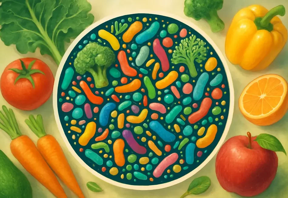 Illustration von verschiedenen Bakterien im menschlichen Darm in Symbiose.