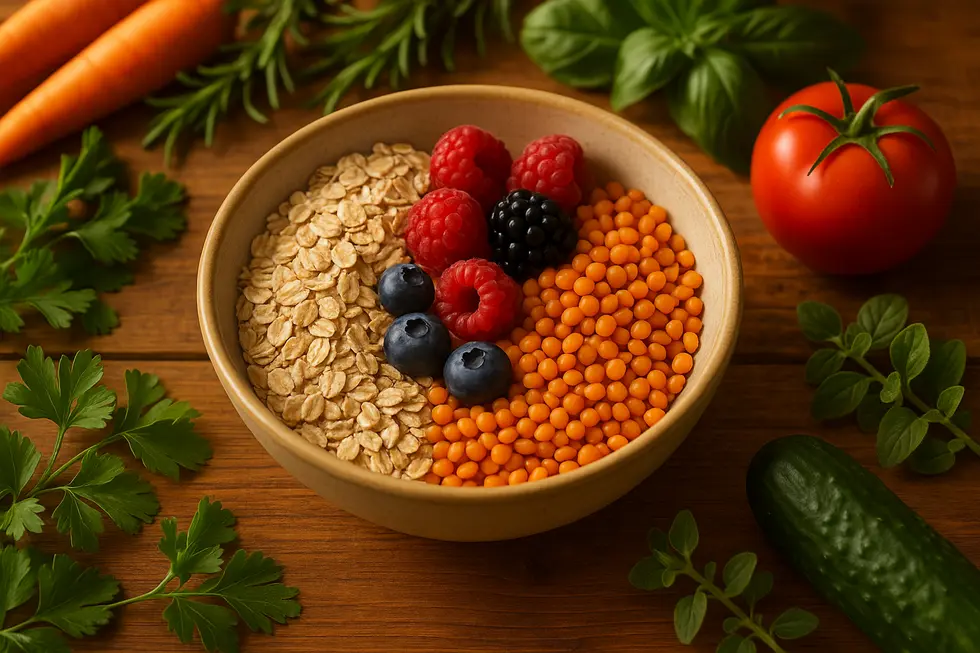 Ballaststoffreiche Lebensmittel: Haferflocken, Linsen und Beeren.