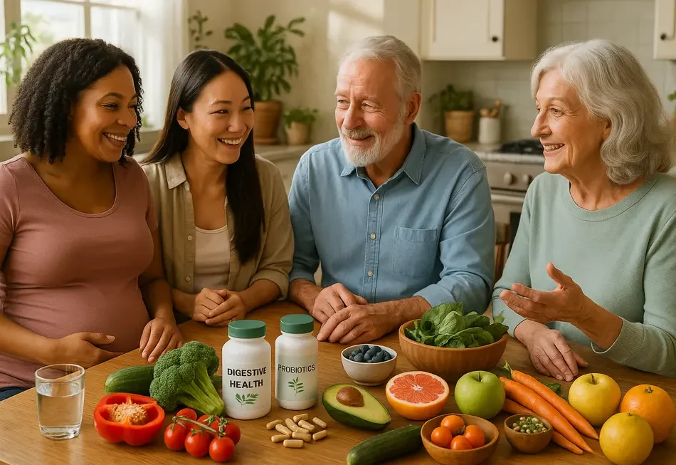 Schwangere Frau mit gesundem Smoothie, frisches Obst und Gemüse im Hintergrund.