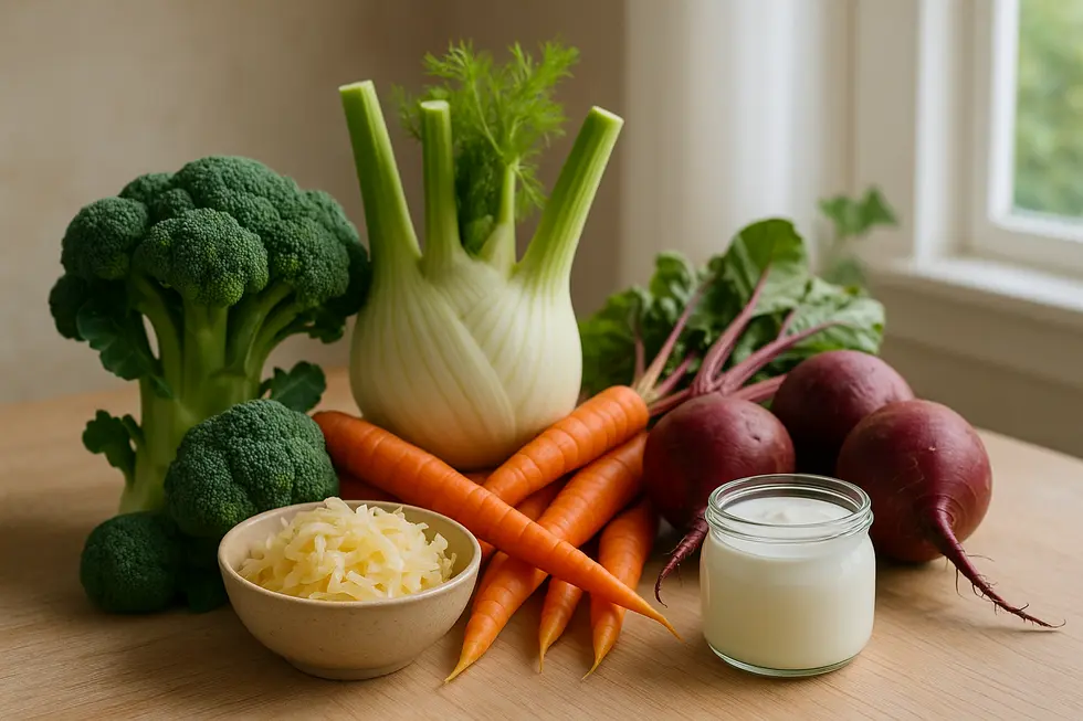 Präbiotische Lebensmittel und probiotischer Joghurt zur Unterstützung der Darmflora.