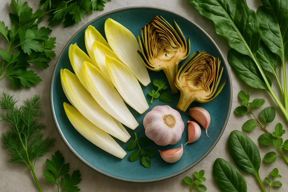 Präbiotische Lebensmittel: Chicorée, Artischocken und Knoblauch.