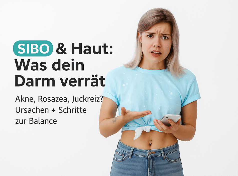 SIBO und Hautprobleme: Frau in blauem Shirt zeigt besorgt ihr Smartphone und thematisiert Akne, Rosazea und Juckreiz. Erforscht Ursachen und Schritte zur Wiederherstellung des Gleichgewichts.
