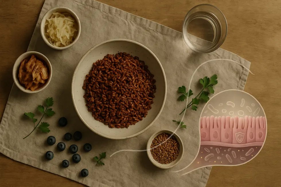 Detailreiche Darstellung von gesundheitsfördernden Lebensmitteln; rote Reiskörner in einer Schüssel, neben Sauerkraut und getrocknetem Obst; frische Heidelbeeren und Korianderblätter auf einem Tisch; grafische Darstellung der Darmbarriere mit Epithelzellen, Mucin und Mikrobiom; warme, natürliche Farbtöne; stilvolles und modernes Design.