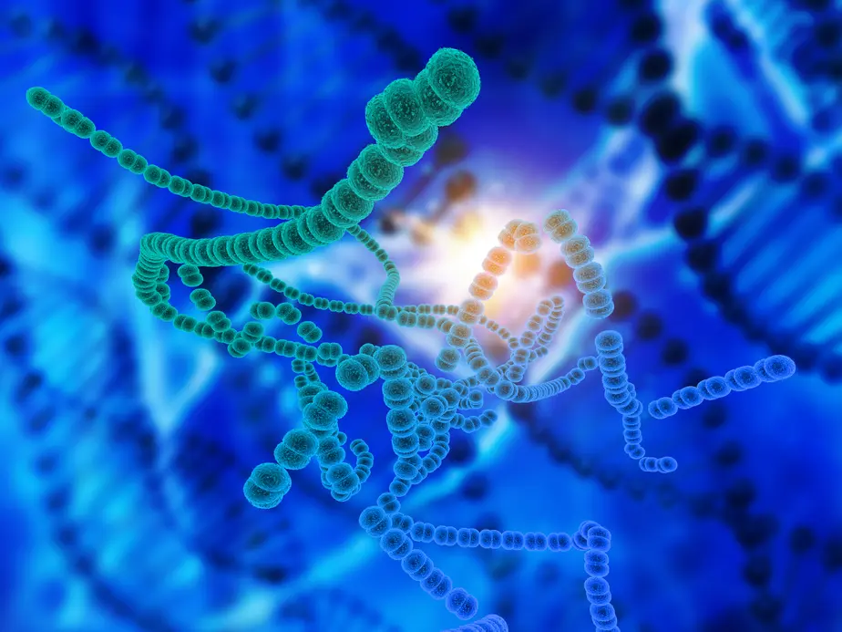 Wissenschaftliche Illustration von DNA-Strukturen mit Mikrobiom und Bakterien. Farbige Darstellungen von Bakterienzellen und DNA-Haarstrukturen auf einem blauen Hintergrund symbolisieren die Komplexität des menschlichen Mikrobioms und dessen Bedeutung für die Gesundheit.