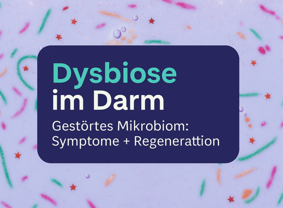 Dysbiose im Darm: Gestörtes Mikrobiom mit Symptomen und Regenerationsmöglichkeiten in ansprechender Grafik dargestellt. Farbige Elemente und Text auf lila Hintergrund symbolisieren das Thema der Mikrobiom-Forschung.