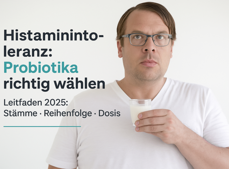 Mann mit Glas Milch in der Hand, der über Histaminintoleranz und die richtige Wahl von Probiotika informiert. Text enthält Leitfaden für 2025 zu Stämmen, Reihenfolge und Dosis.