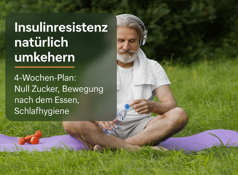Mann meditiert auf einer Yogamatte im Freien, während er eine Wasserflasche hält. Im Hintergrund sind grüne Wiesen und Bäume zu sehen. Text über Insulinresistenz und einen 4-Wochen-Plan: Null Zucker, Bewegung nach dem Essen, Schlafhygiene.
