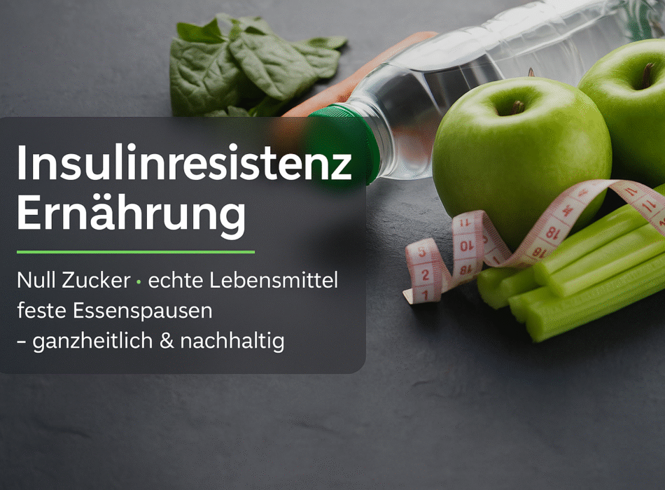 Insulinresistenz Ernährung: Wasserflasche, grüne Äpfel, Sellerie und Maßband auf einer dunklen Oberfläche; Fokus auf gesunde Ernährung ohne Zucker mit echten Lebensmitteln und festen Essenspausen.