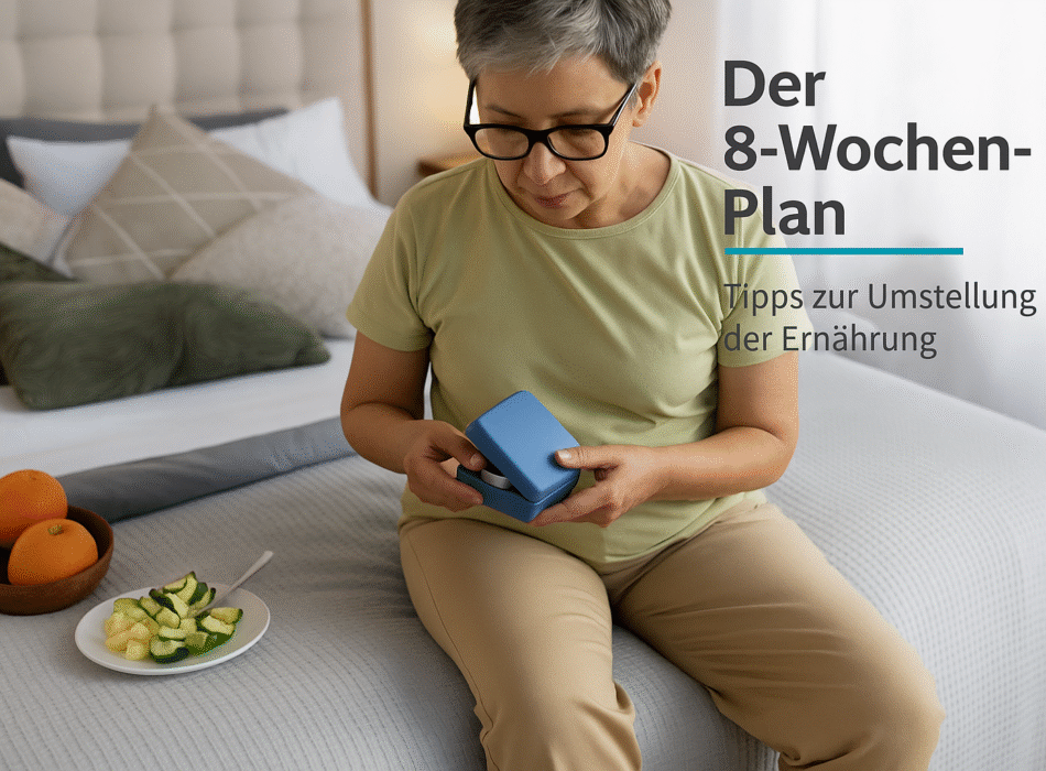 Frau mit Brille sitzt auf einem Bett und schaut auf einen blauen Behälter, während sie eine gesunde Mahlzeit aus frischem Obst und Gemüse neben sich hat. Der Hintergrund zeigt ein gemütliches Schlafzimmer. Text auf dem Bild informiert über einen 8-Wochen-Plan zur Ernährungsumstellung.
