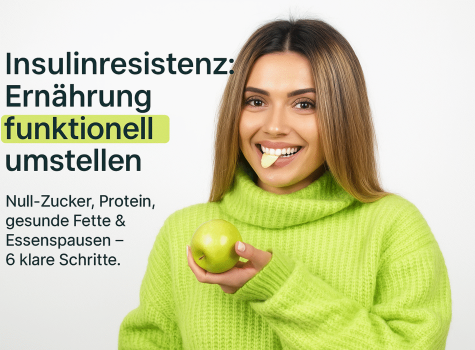 Frau in grünem Pullover mit einem Apfel in der Hand und einem Snack im Mund, lächelnd, vor einem hellen Hintergrund; Thema: Insulinresistenz und funktionelle Ernährung.