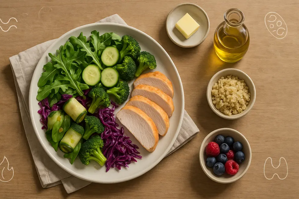Bunt angerichteter Teller mit Gemüse und Proteinquelle: Scheiben von Hähnchenbrust, Brokkoli, Gurke, purple Kraut, Rucola und Zucchini, begleitet von einer Portion Quinoa, frischen Beeren (Himbeeren und Blaubeeren), einem Behälter mit Butter und einer Flasche Olivenöl auf einem hölzernen Tisch.