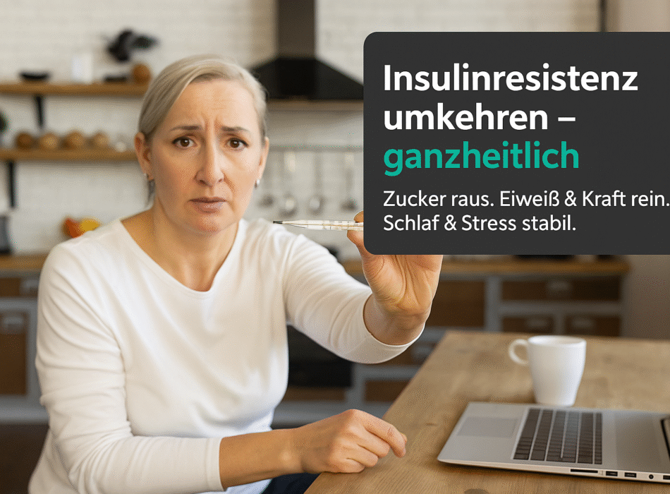 Frau zeigt ein Schild mit der Aufschrift „Insulinresistenz umkehren – ganzheitlich“ in einer modernen Küche. Der Hintergrund ist hell und freundlich, mit einer Holzbank und gesunden Lebensmitteln sichtbar.