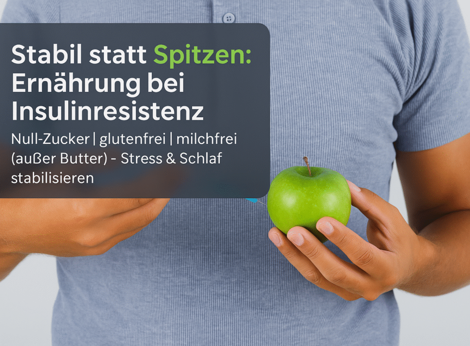 Mann hält einen grünen Apfel in der rechten Hand und zeigt mit der linken Hand auf einen grafischen Text, der Tipps zur Ernährung bei Insulinresistenz gibt.