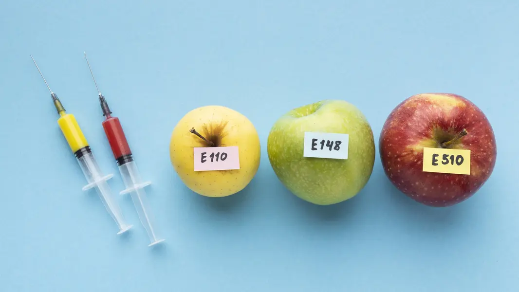 Zwei Spritzen neben drei Äpfeln in verschiedenen Farben (gelb, grün, rot), die jeweils mit Aufklebern in verschiedenen Farben und E-Nummern (E110, E148, E510) versehen sind, auf einem blauen Hintergrund.