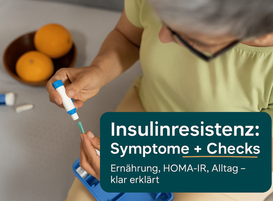 Person misst den Blutzucker mit einem Insulinresistenz-Testgerät, während im Hintergrund zwei Orangen sichtbar sind. Der Text auf dem Bild erklärt die Symptome und Diagnosetools für Insulinresistenz, inklusive Ernährung und HOMA-IR.