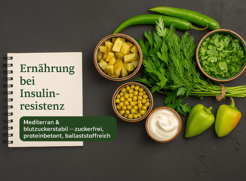 Ein Notizbuch mit der Aufschrift „Ernährung bei Insulinresistenz“ liegt auf einer dunklen Oberfläche, umgeben von frischen Lebensmitteln: grüne Paprika, Erbsen, eingelegtes Gemüse, Joghurt, Koriander und Dill. Der Text betont eine mediterrane, blutzuckerstabile Ernährung, die zuckerfrei, proteinbetont und ballaststoffreich ist.