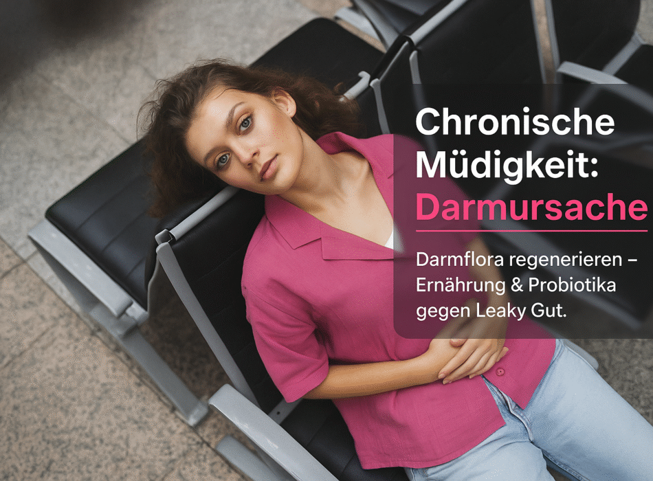Frau in pinkem Shirt liegt müde auf einer Liege, mit einem Fokus auf das Thema chronische Müdigkeit und deren mögliche Ursache im Zusammenhang mit der Darmflora. Text bespricht Regeneration der Darmflora durch Ernährung und Probiotika zur Bekämpfung von Leaky Gut.