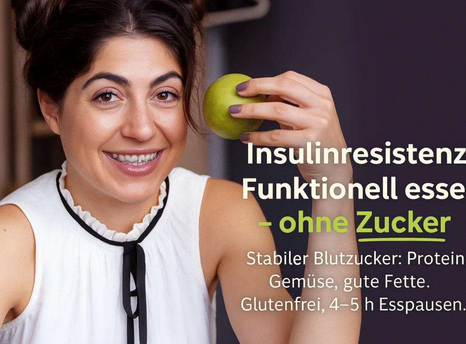 Frau mit lächelndem Gesicht und Zähnen mit Zahnspange hält einen grünen Apfel in der Hand. Der Text "Insulinresistenz: Funktionell essen – ohne Zucker" ist prominent im Bild platziert. Hinweis auf gesunde Ernährung mit stabilem Blutzucker: Protein, Gemüse, gute Fette, glutenfrei, Esspausen von 4–5 Stunden.