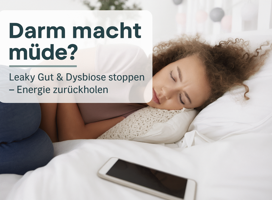 Darm Müdigkeit: Frau schläft auf einem Bett, umgeben von Kissen, mit einem Smartphone auf dem Bett. Der Text auf dem Bild thematisiert Leaky Gut und Dysbiose sowie den Weg zu mehr Energie.