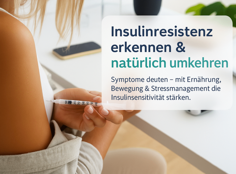 Injektion einer Insulinspritze in den Oberarm, um Insulinresistenz zu erkennen und natürlich umzukehren, begleitet von einer Beschreibung wichtiger Symptome und Verbesserung durch Ernährung, Bewegung und Stressmanagement.