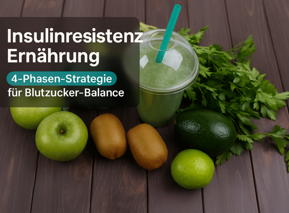 Eine Übersicht zu Insulinresistenz Ernährung mit frischem Obst und Gemüse, darunter grüne Äpfel, Kiwi, Limette, Avocado und ein grüner Smoothie in einem transparenten Becher, begleitet von frischem Koriander, auf einem hölzernen Untergrund.