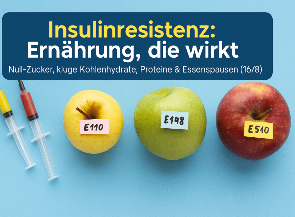 Drei Äpfel mit unterschiedlichen Etiketten (E110, E148, E510) neben Spritzen auf einem blauen Hintergrund, mit Titel "Insulinresistenz: Ernährung, die wirkt" im oberen Bereich.
