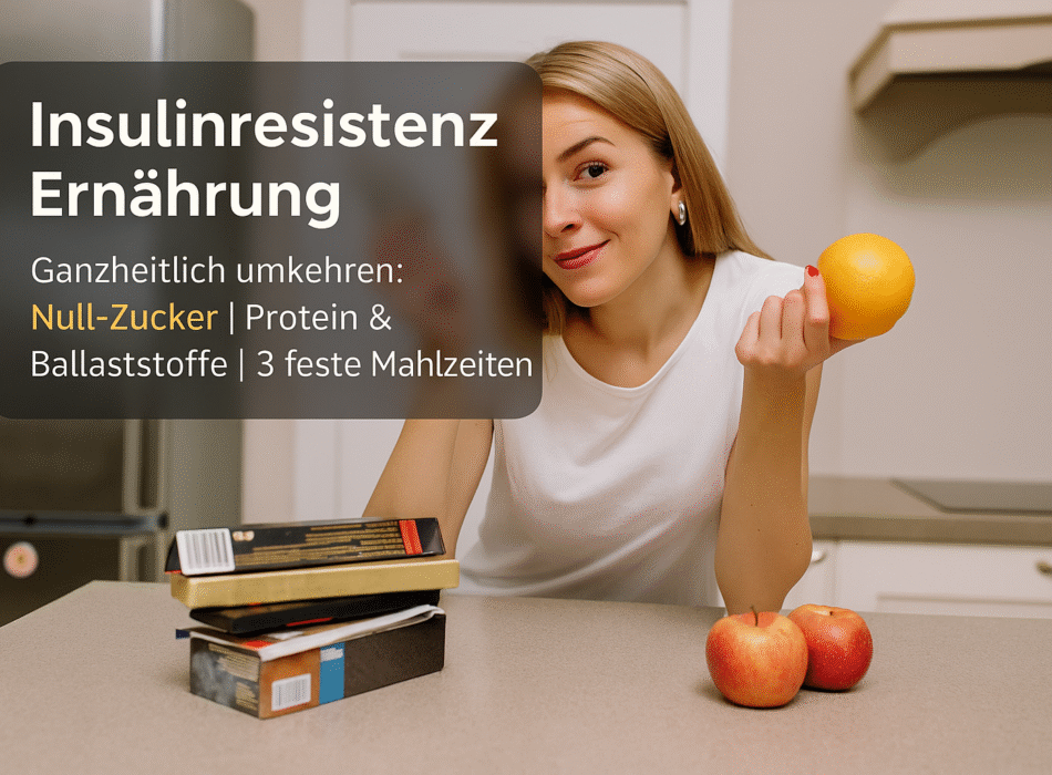 Frau in der Küche hält eine Orange und zeigt mit der Hand auf eine Gruppe Äpfel, während sie an einem Tisch mit Lebensmitteln sitzt; Hintergrund mit Küchenschränken. Text auf dem Bild: "Insulinresistenz Ernährung: Ganzheitlich umkehren: Null-Zucker | Protein & Ballaststoffe | 3 feste Mahlzeiten.