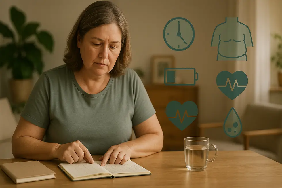 Frauenporträt mit kurzen Haaren, die in einem Wohnzimmer an einem Tisch sitzt und in ein Notizbuch schreibt, umgeben von Icons, die Gesundheitssymptome darstellen, wie Müdigkeit, Heißhunger und Gesundheitsüberwachung. Ein Glas Wasser steht neben ihr auf dem Tisch.