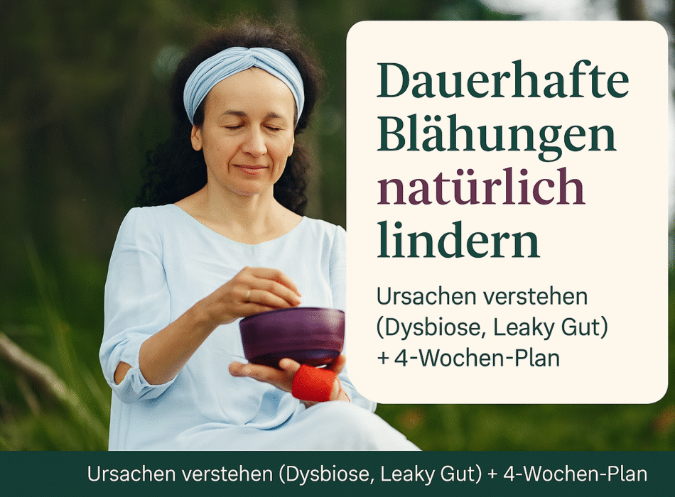 Frau mit geschlossenen Augen sitzt im Freien und hält eine Schüssel in der Hand; der Hintergrund ist unscharf und grün, während der Text das Thema der natürlichen Linderung von Blähungen behandelt.